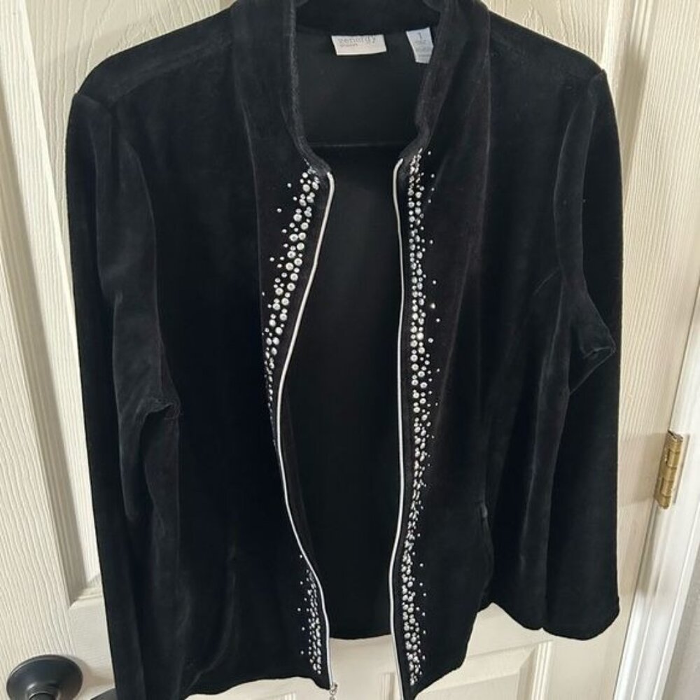Zenergy by Chico’s Black Velvety Rhinestone Full Zip Jacket, Sz 1 - Picture 14 of 15